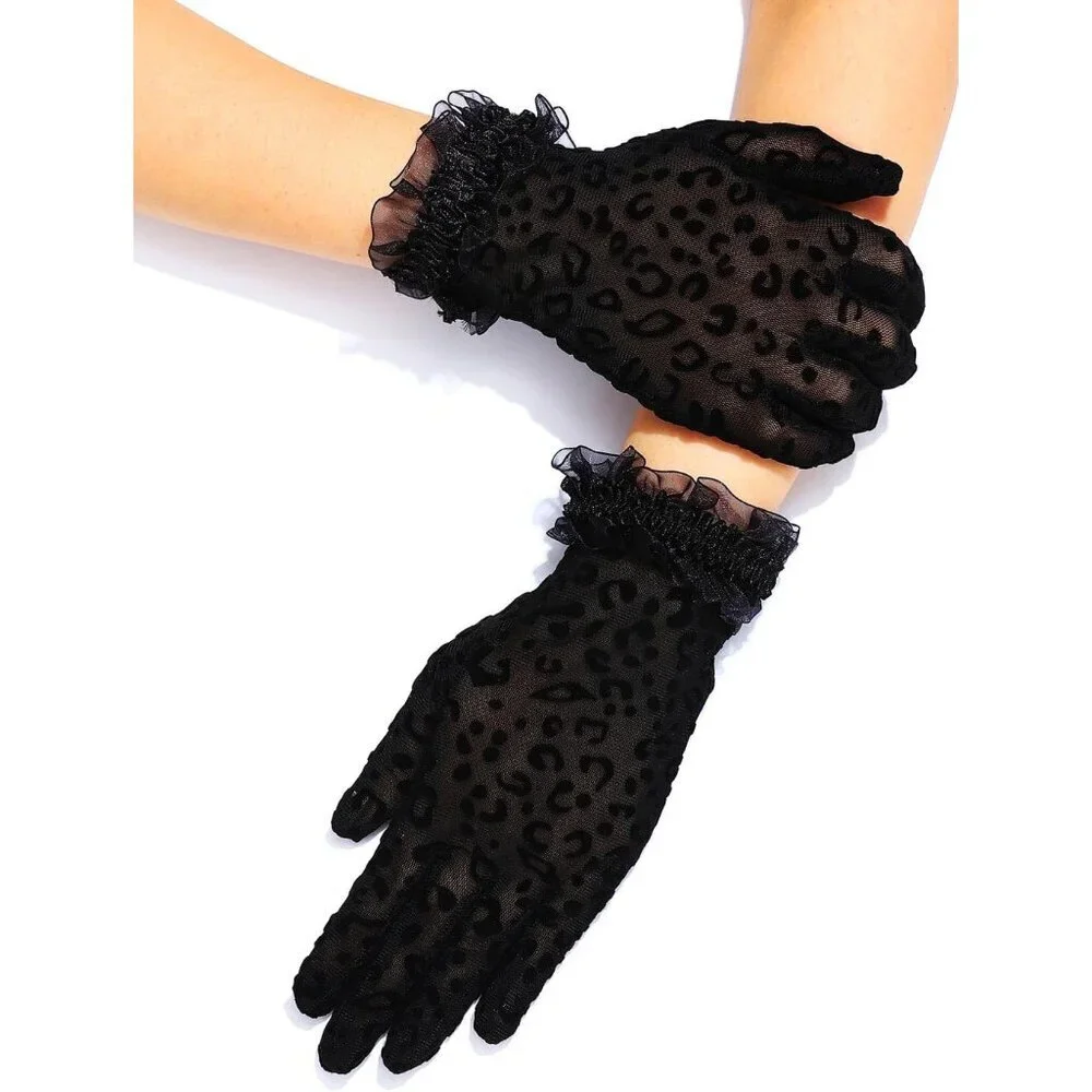 Women's Black Polyester Leopard Print Fabric Lace Short Evening Combined Gloves